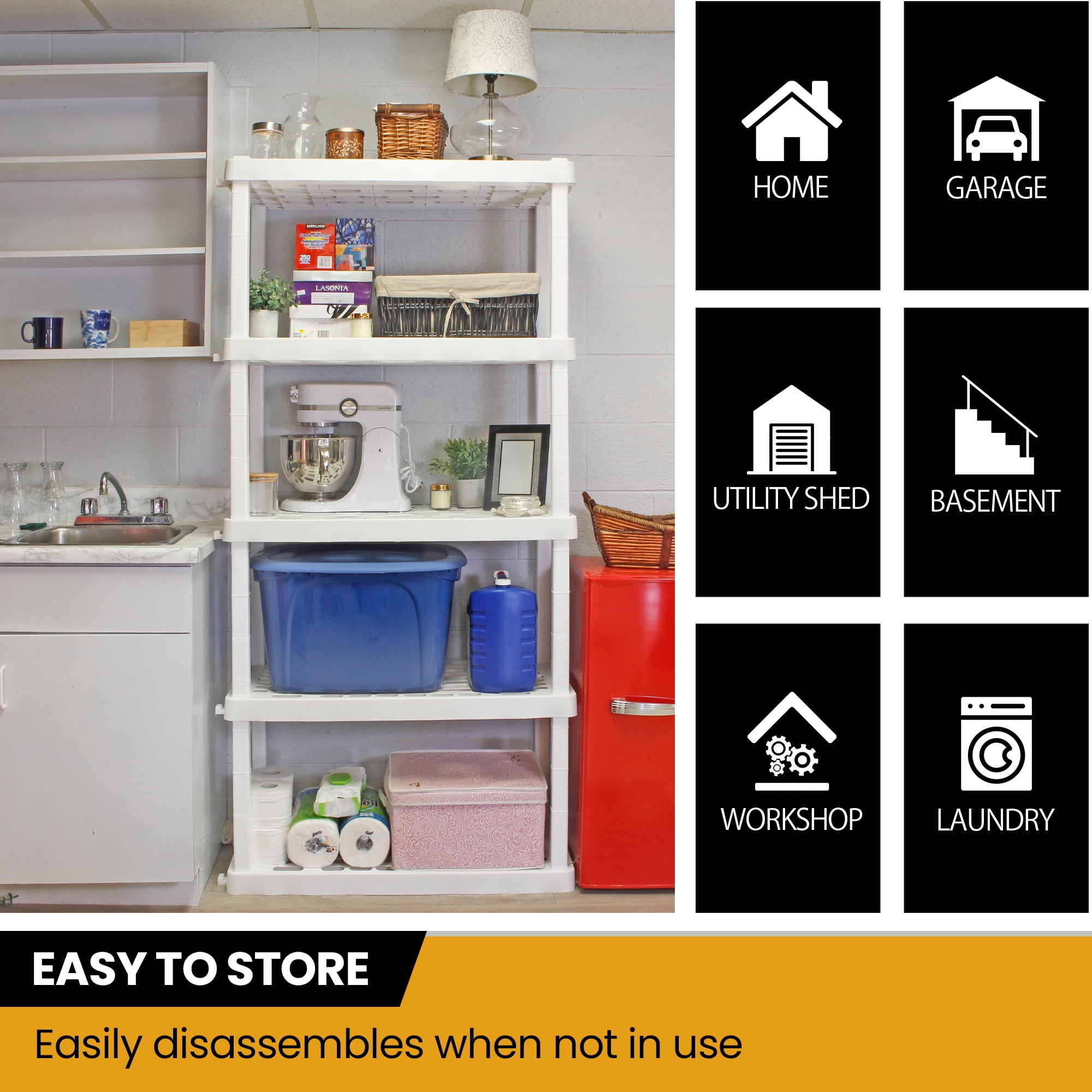 Hyper Tough Plastic Storage Shelves 5-Tier 73.8"H x 36"W x 17.75"D, 2-Pack White, 750 lbs Total Capacity