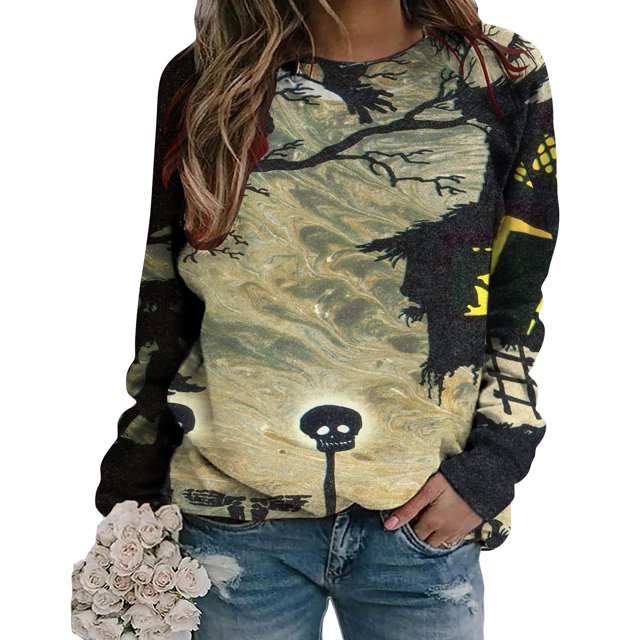 Tops casuales de cuello redondo de manga larga con estampado de Halloween para mujer Fridja czfsfas2661