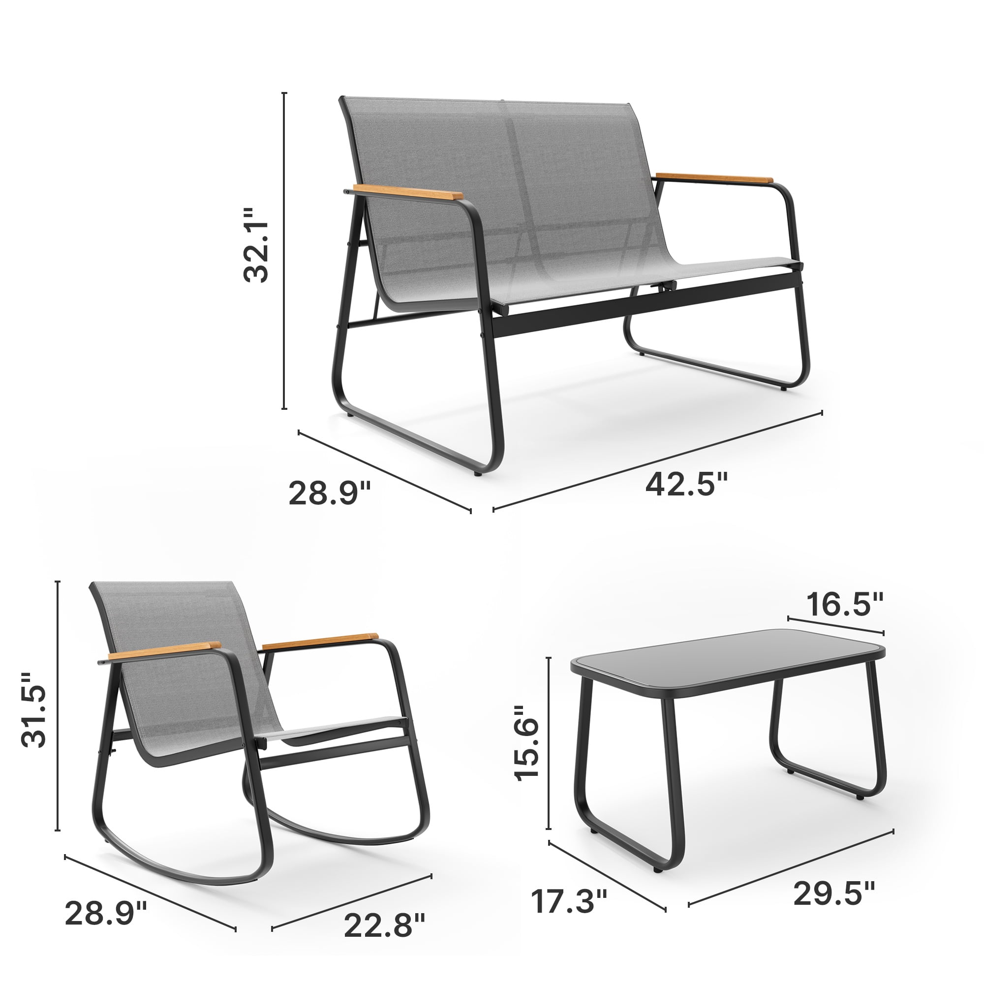 Patio Conversation Sets for 4, Lofka 4 Pieces Patio Furniture Sets with Rocking Bistro Fabric chairs, Garden Loveseat, Glass Coffee Table for Backyard, Poolside, Porch, Lawn, Gray