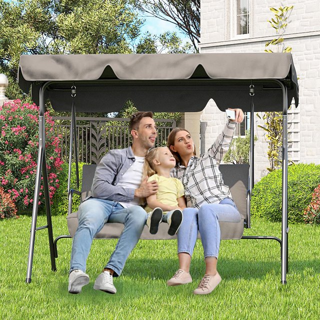 Kojooin Balançoire de Patio Extérieure à 3 Places avec Auvent Réglable, Chaise Balançoire à Cadre en Acier Résistant aux Intempéries pour Cour Arrière