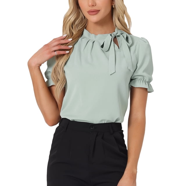 INSPIRAR CHIC Blusas de Verano para Mujeres de Color Sólido con Lazo en el Cuello y Mangas Cortas para Usar en el Trabajo Verde Claro XL
