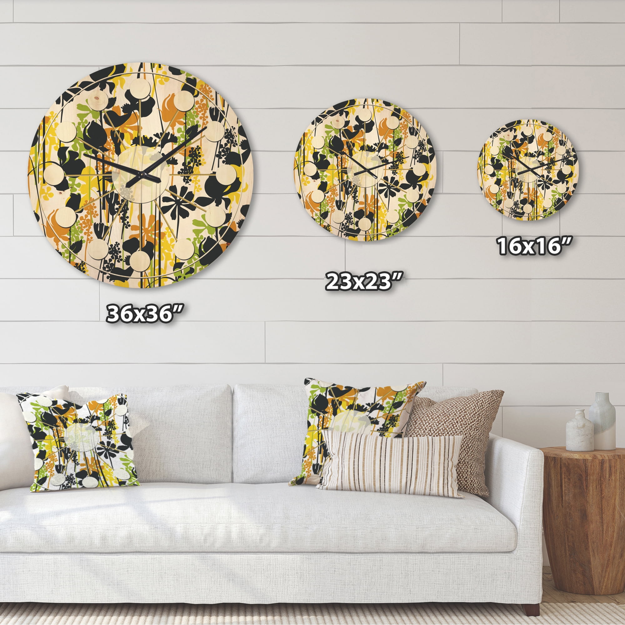 Designart 'Summer Meadow Pattern, Black silhouettes On White' Mid-Century Modern Wood Wall Clock