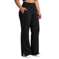 thumbnail image 3 of Women's Plus Size Yoga Long Pants, Elastic Waist Side Seam Pockets, Solid Color Side Split Hem for Gym Sports Active Daily | TruHer,Black L, 3 of 8