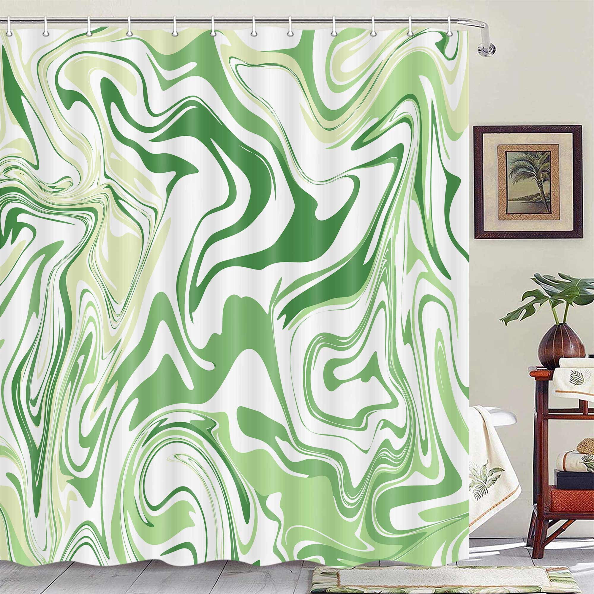 Aesthetic 70S Abstract Wavy Swirl Shower Curtain,Cute Sage Green Marble Bath Curtain, Modern Ombre Retro Boho Minimal Bathroom Accessories Groovy Teen Girls Bathroom Curtain Liner Set Hooks