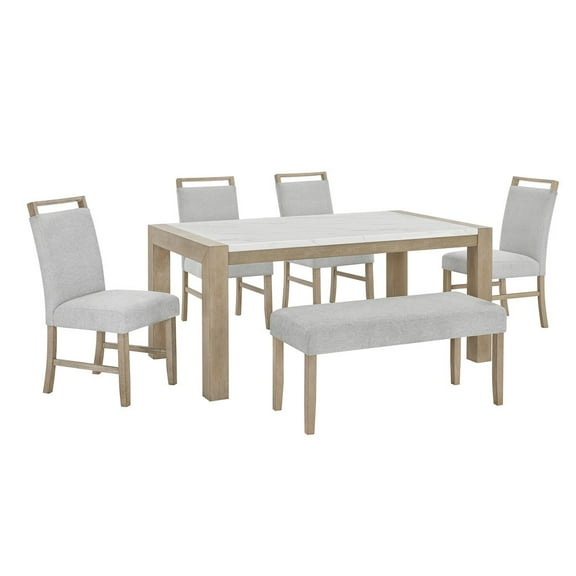Roundhill Furniture Zelalle 6-PC Dining Set, Table, 4 Chairs, and Bench, White Wired-Brushed Finish