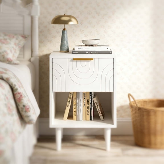 Modern White Bedside Table for Kids, Gold Handle Drawer Solid Wood Leg Nightstand, Space-Saving End Table for Boys Girls Small Bedroom Spaces