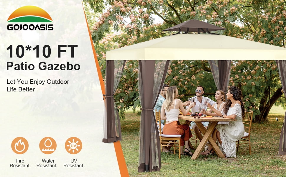 10'x10' Gazebo Outdoor Canopy Tent with Curtains and Shelter for Patio,Beige