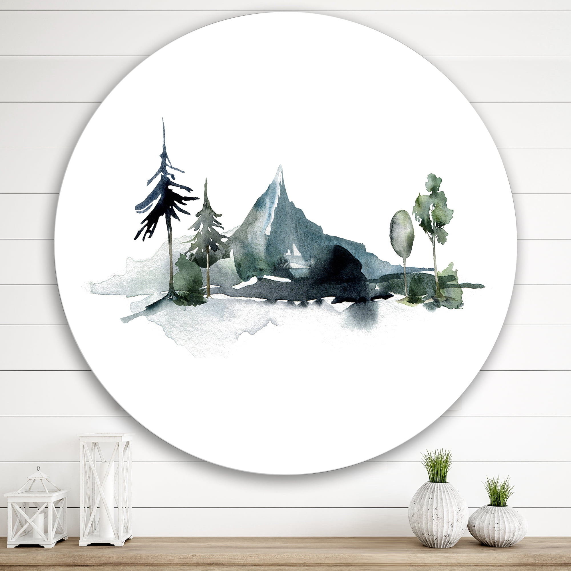 Designart 'Minimalistic Fir Forest and Winter Mountains II' Modern Circle Metal Wall Art 36x36 - Disc of 36