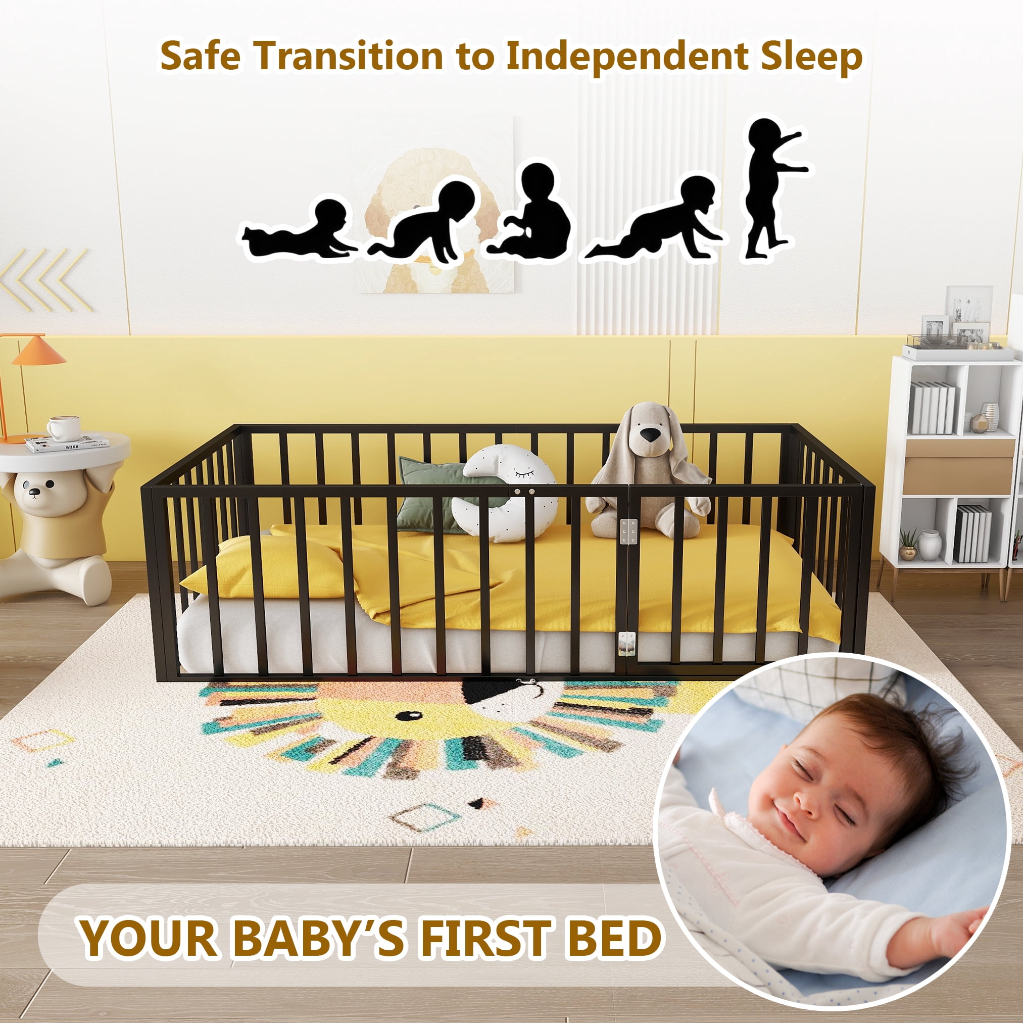 Bellemave Montessori Toddler Playful Twin Size Fence Rails Metal Floor Bed with Lockable Door, Black