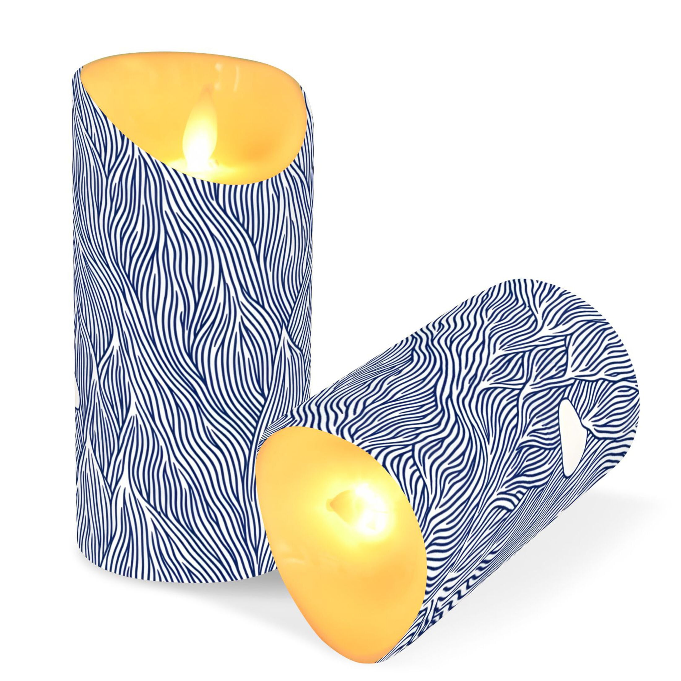 Navy Blue Wave Pattern Flameless Candles 2 PCS with Remote Realistic Moving Flame LED Tapered Pillar Set for Home Decor