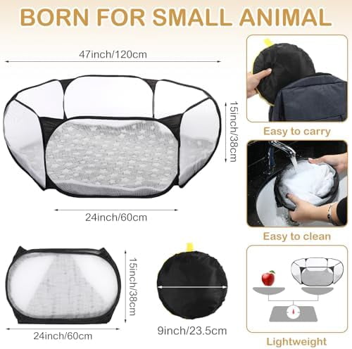 Hamster Playpen with Mat Small Animal Cage Tent Breathable Transparent Guinea Pig Playpen Waterproof Portable Yard Fence Mat Foldable Exercise Playpen Outdoor Indoor (Black,Star)