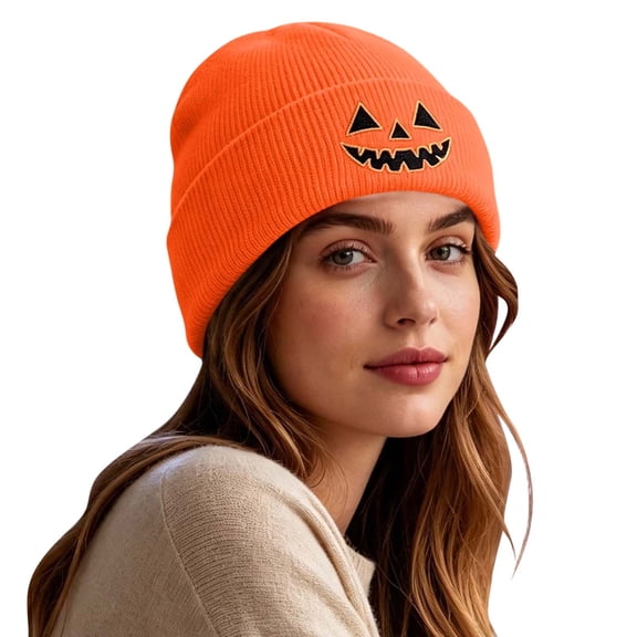 SYMOID Orange Embroidered Pumpkin O'Lantern Beanie - Cuffed Ribbed Knit Winter Hat for Unisex Hats,Size Free Size
