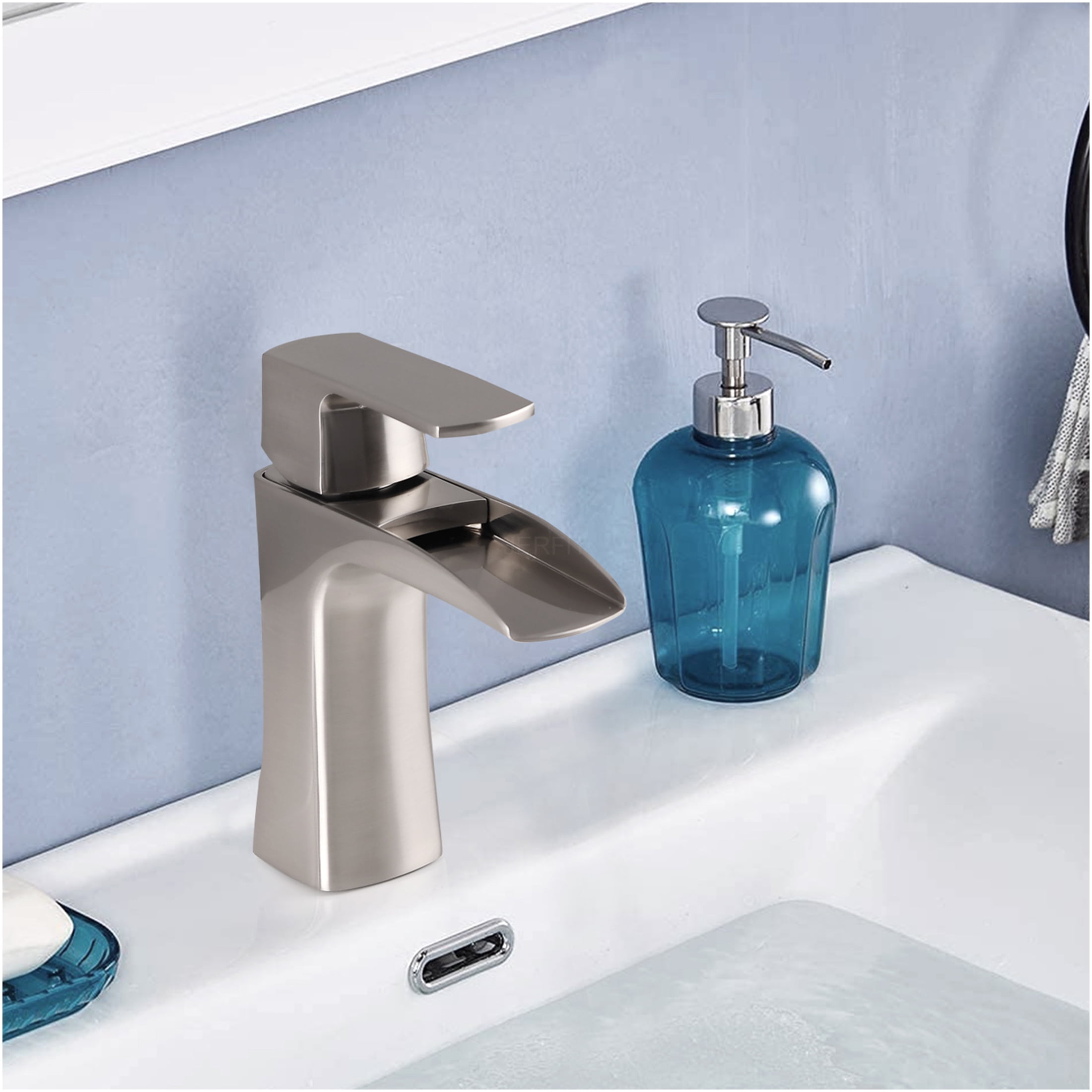 JERFIT Waterfall Bathroom Sink Faucet Single Handle, Brushed Nickel 1-Hole Vessel Vanity Tap with Pop-Up Drain, Brass Construction
