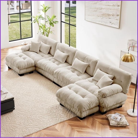 4-Seater Modular U-Shaped Chenille Sofa – Cloud Comfort, Flexible Living Room Design | Light Coffee | Chenille | Round Arms