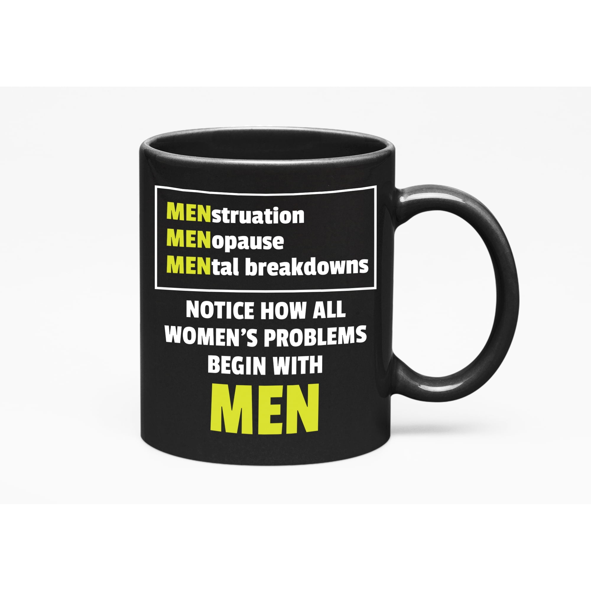 Women's Problems Begin with Men, Funny Witty Humor, Black 11oz Ceramic Mug