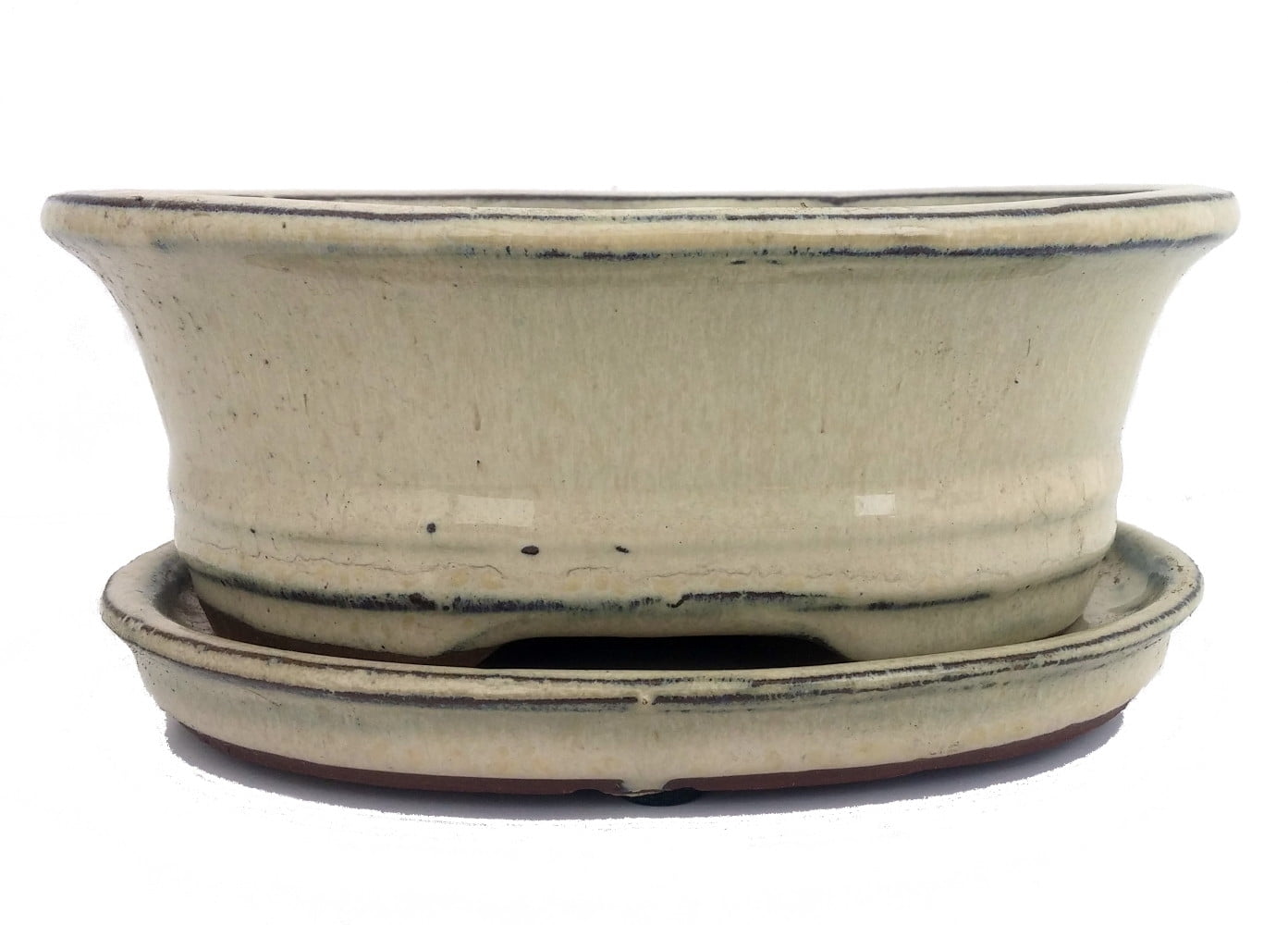 Ceramic Bonsai Pot/Saucer Beige/Oval 6 1/8" x 4 1/2" x 2" with Felt