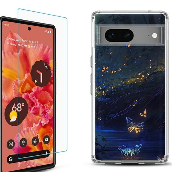 OneToughShield ® for Google Pixel 7a Shockproof Bumper Phone Case, with Tempered Glass Screen Protector - Fireflies Butterfly