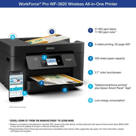 Epson WorkForce Pro WF-3820 Wireless All-in-One Printer with Auto 2-sided Printing, 35-page ADF, 250-sheet Paper Tray and 2.7" Color Touchscreen