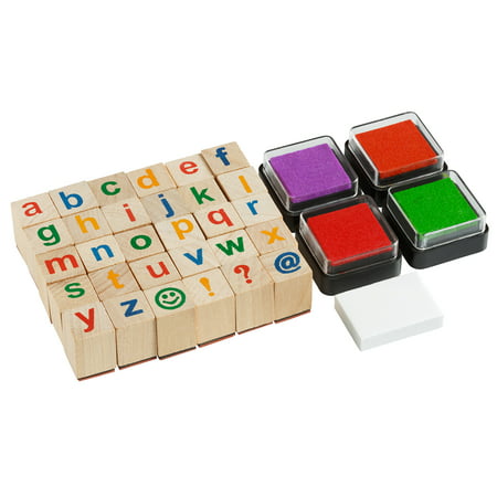 Moore Art Premium Wooden Small Alphabet Stamp Set, 34 piece set of Lowercase Alphabet Stamps with 4 Color Ink Pads