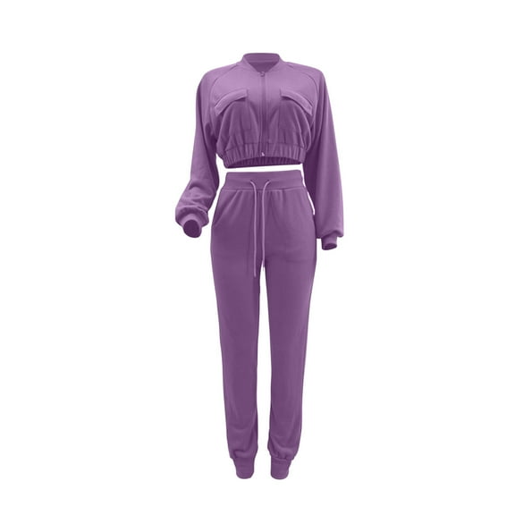 Elainilye Fashion Womens 2 Piece Outfits Casual Solid Color Workwear Jacket Short Top Leggings Pants Commuting Two-piece Set,Purple