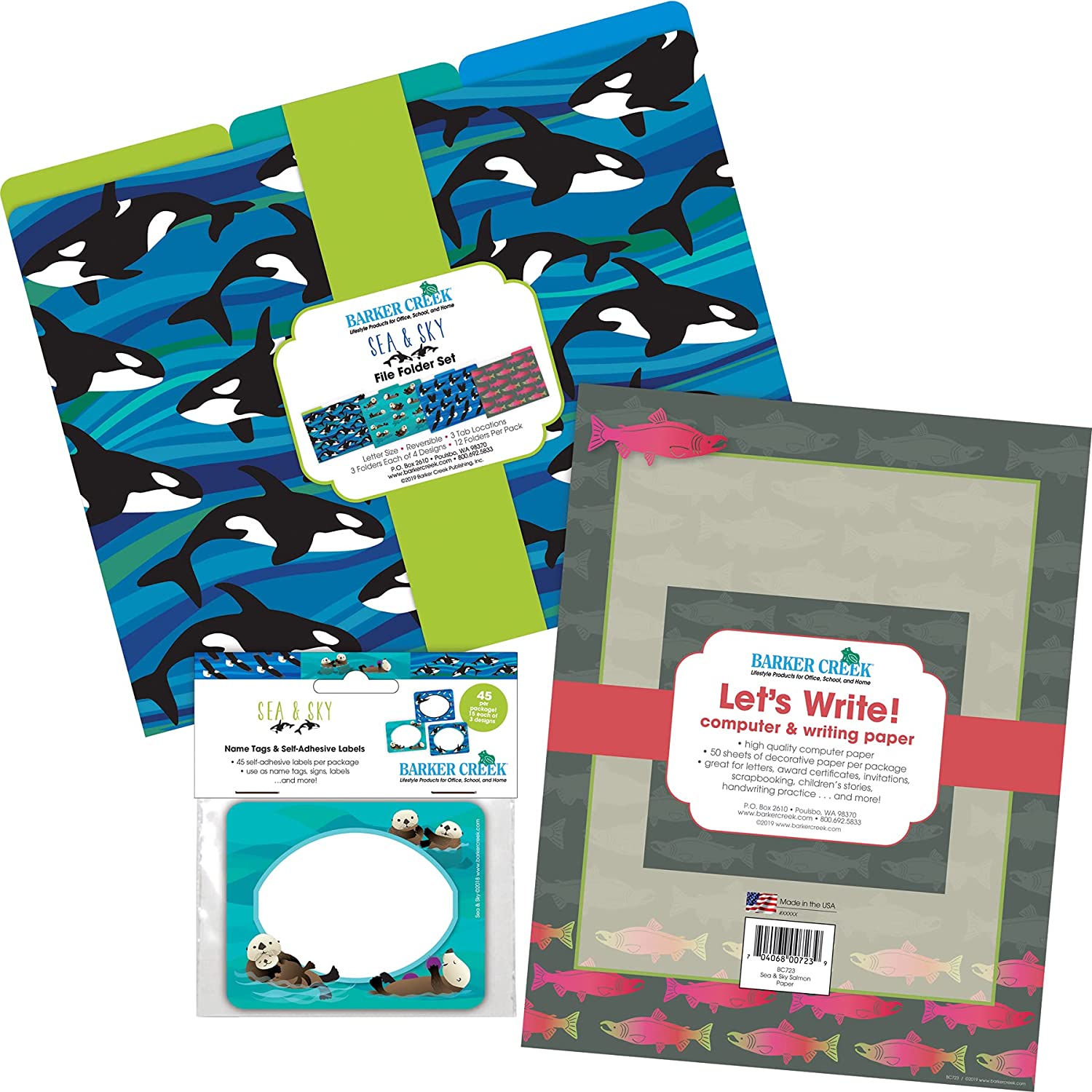 Barker Creek Get Organized Office Kit, Sea & Sky Salmon, with 12 Coordinating Designer File Folders, 50 Sheets of Colorful Computer Paper, and 45 Versatile Self-Adhesive Labels/Name Tags (123)