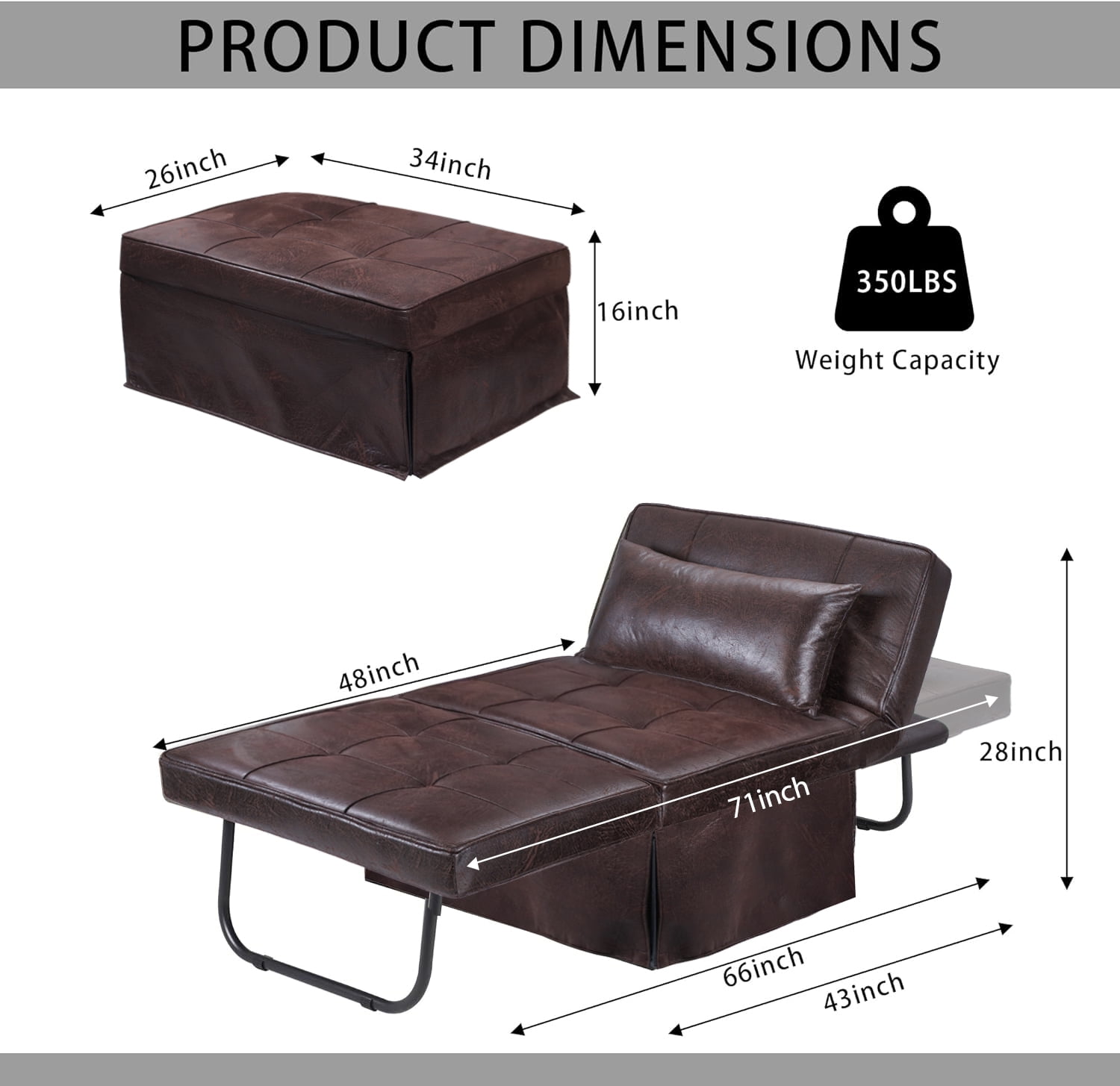 BIGSYY 4-in-1 Multi-Function Folding Ottoman Velvet Couch Bed - Adjustable Backrest for All Ages, Ideal for Living Room, Apartment & Office, PU Imitation, Brown