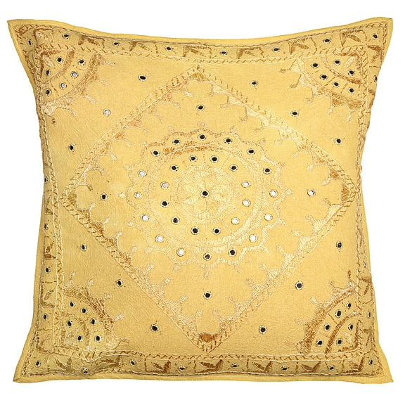 Stylo Culture Ethnic Decorative Throw Pillow Cover 24x24 Large Hand Embroidered Mustard Yellow Boho 60 x 60 cm Home Decor Cotton Mirrored Square Cushion Cover | 1 Pc