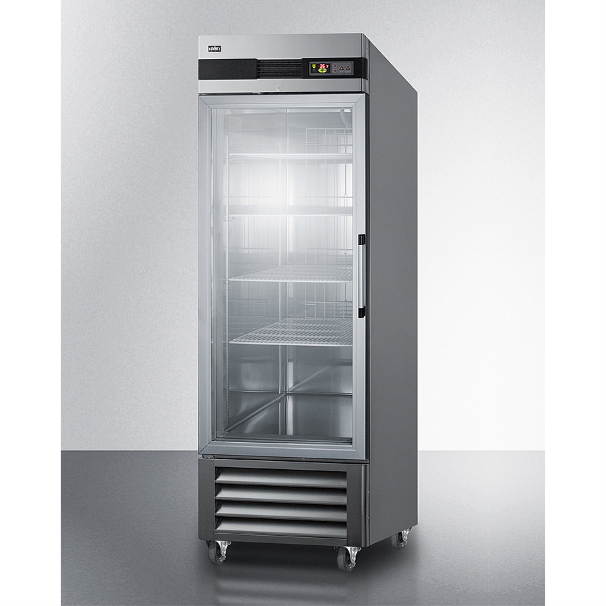 Commercially approved 23 cu.ft. glass door reach-in refrigerator, left hand door swing