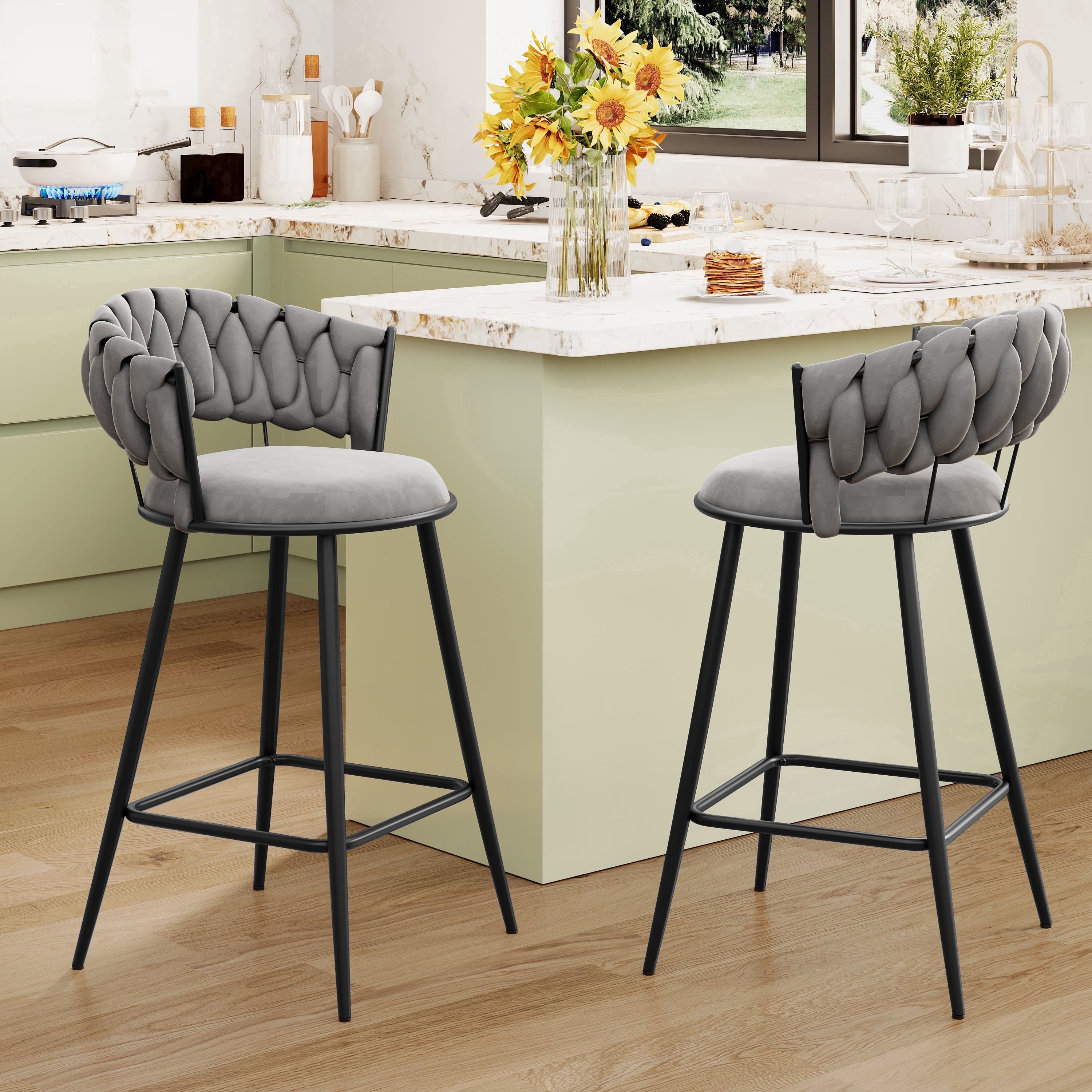 Andeworld 26'' Bar Stools with Woven Back set of 2, Modern Velvet Barstools with Upholstered Seating, Counter Height Barstool in Square Footrest, Gray