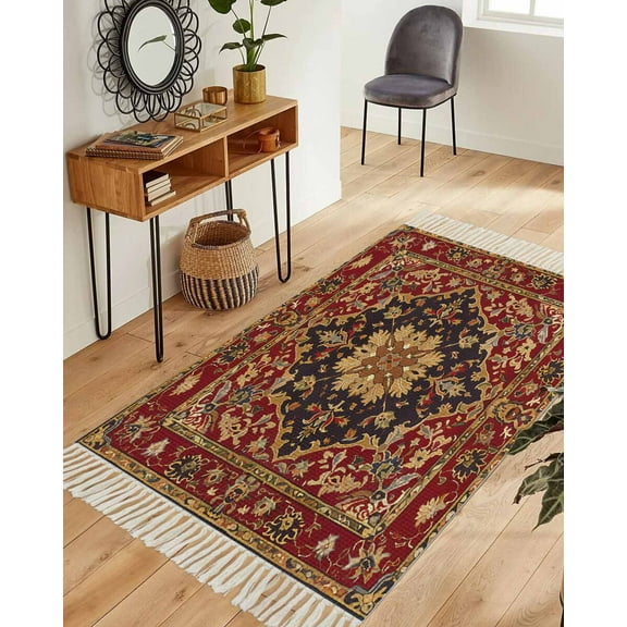 Red Boho Area Rug 3x5ft Woven Runner Rug,Contemporary Abstract Ethnic Vintage Geometric Washable Living Room Hallway Bedroom Kitchen Carpet with Tassels,Indoor Outdoor Throw Door Mat for Entryway