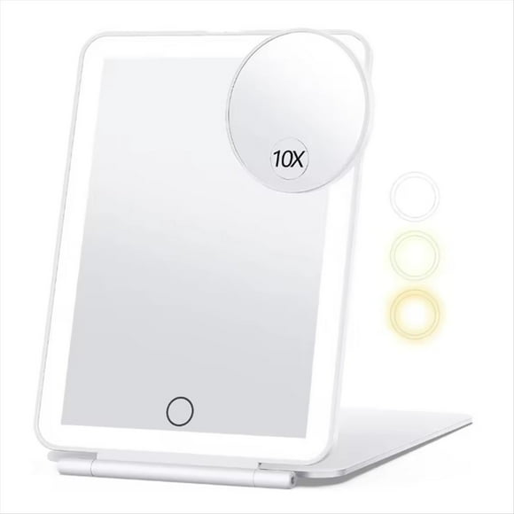 Espejo de Maquillaje Recargable con 3 Luces de Color para Viajes, Espejo Cosmético de Tocador con LED Portátil de Mano.
