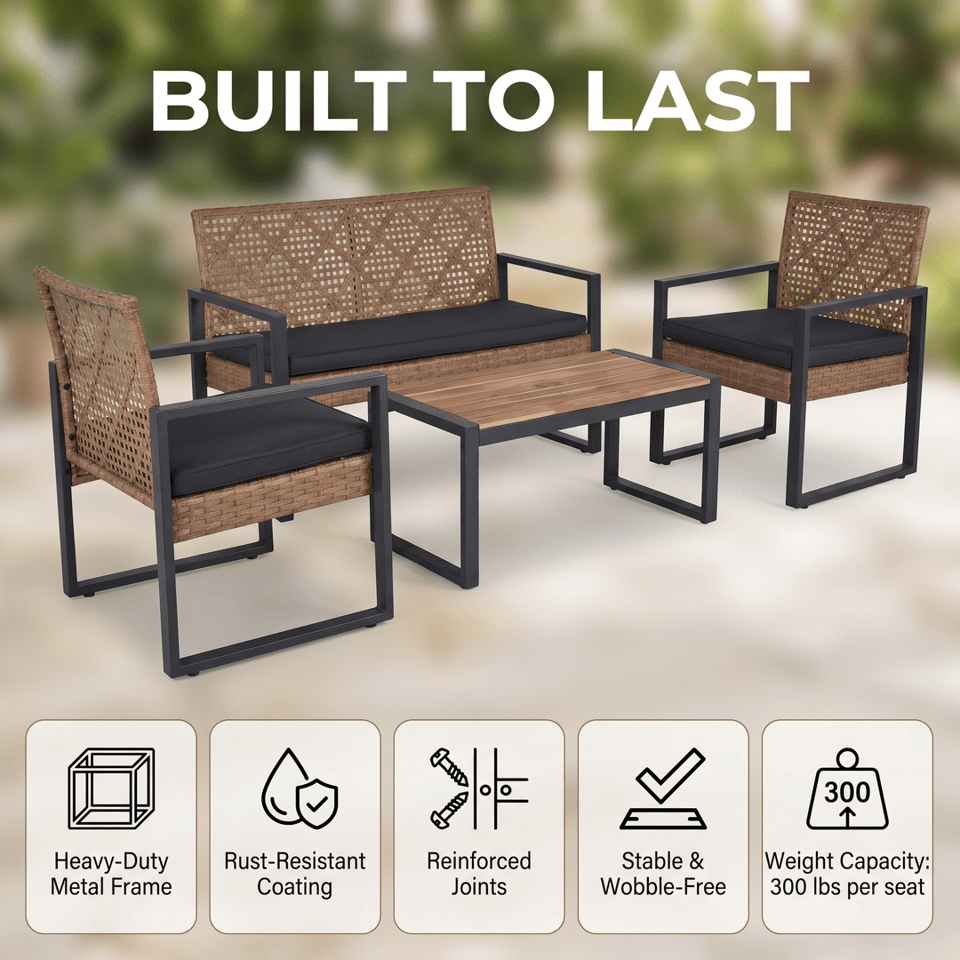 4-Piece Patio Furniture Set, Outdoor Conversation Set with Loveseat, 2 Chairs and Coffee Table, Wicker Patio Set for Porch, Balcony, Backyard, Black/Light Brown
