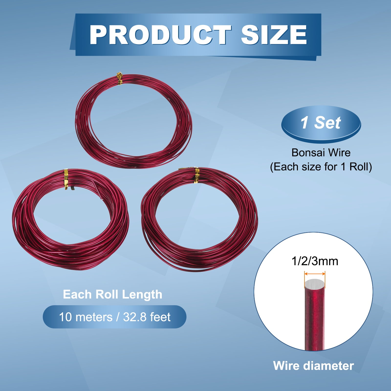 Uxcell 3 Roll Bonsai Wire 1/2/3mm Each Roll 32.8ft (10m) Anodized Aluminum Bonsai Wire for Gardening Tree Branch Fixing DIY Crafting, Wine Red