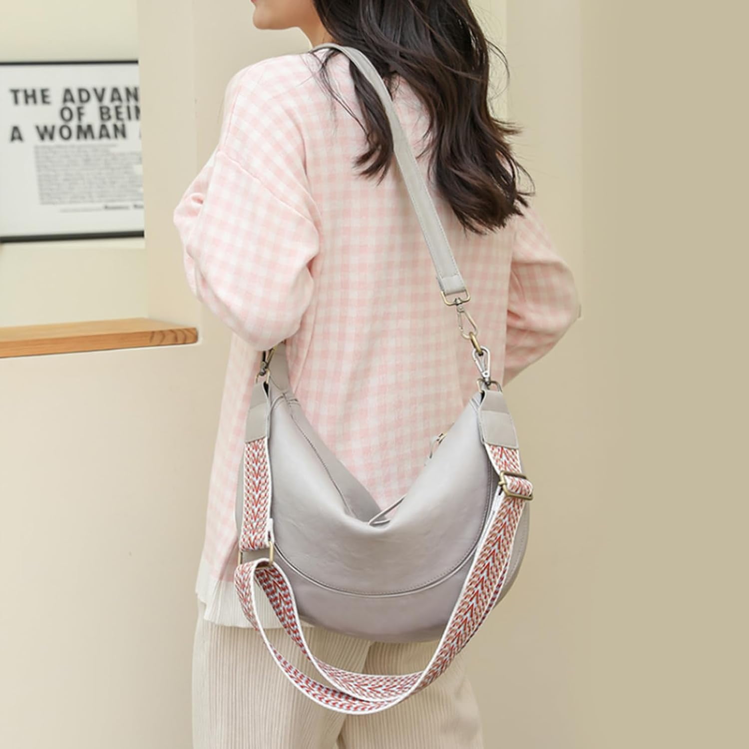 HMSHA Crescent Shoulder Bags for Women Trendy Crossbody Purse Vegan Leather Handbag with Wide Strap for Travel