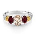 thumbnail image 2 of Gem Stone King 925 Sterling Silver and 10K Yellow Gold Oval Peach Morganite Red Rhodolite Garnet and White Diamond 3 Stone Ring for Women (2.03 Cttw, Gemstone October Birthstone, Size 7), 2 of 3