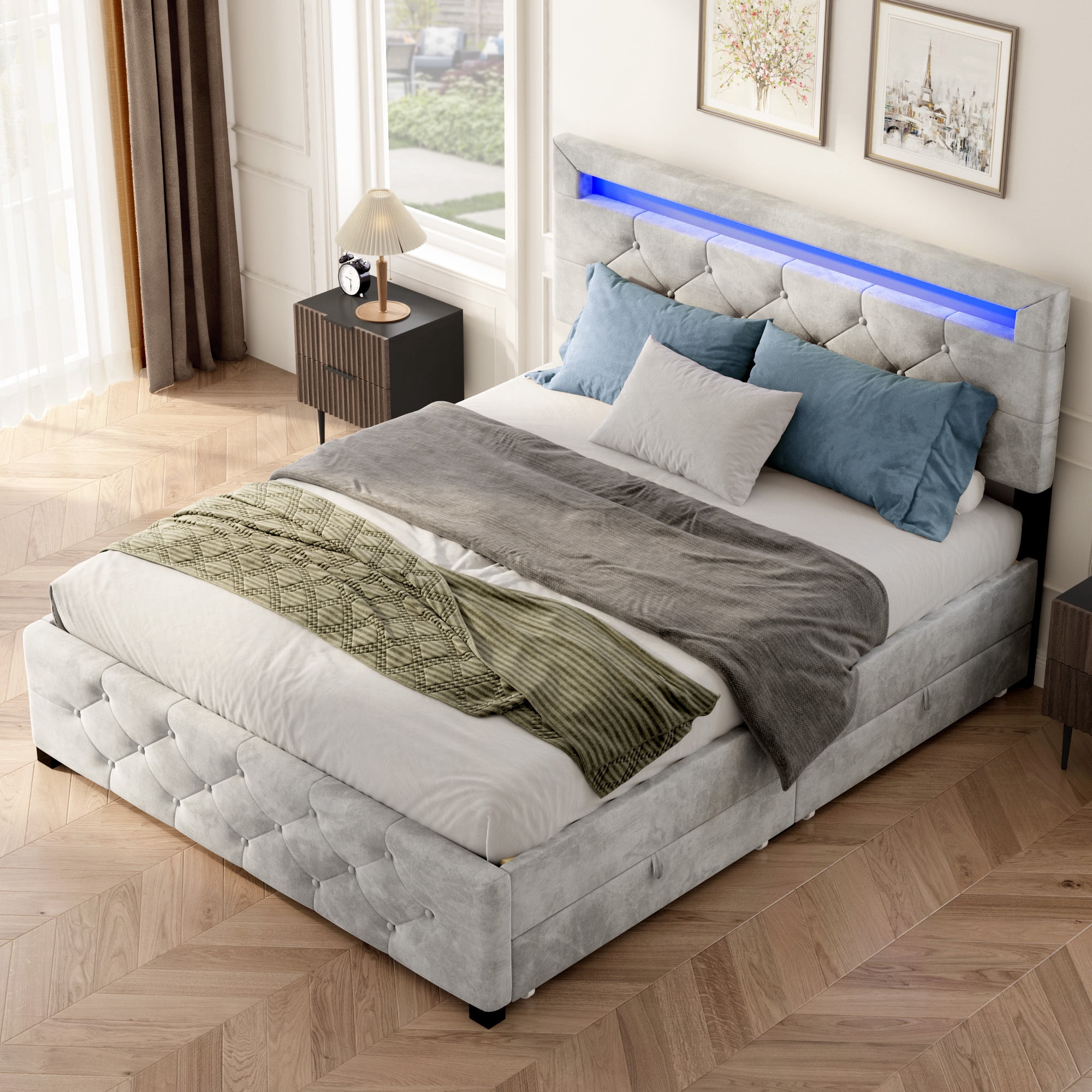 Full Size Upholstered Platform Bed with 4 Drawers and LED Lights, No Box Spring Needed, Gray