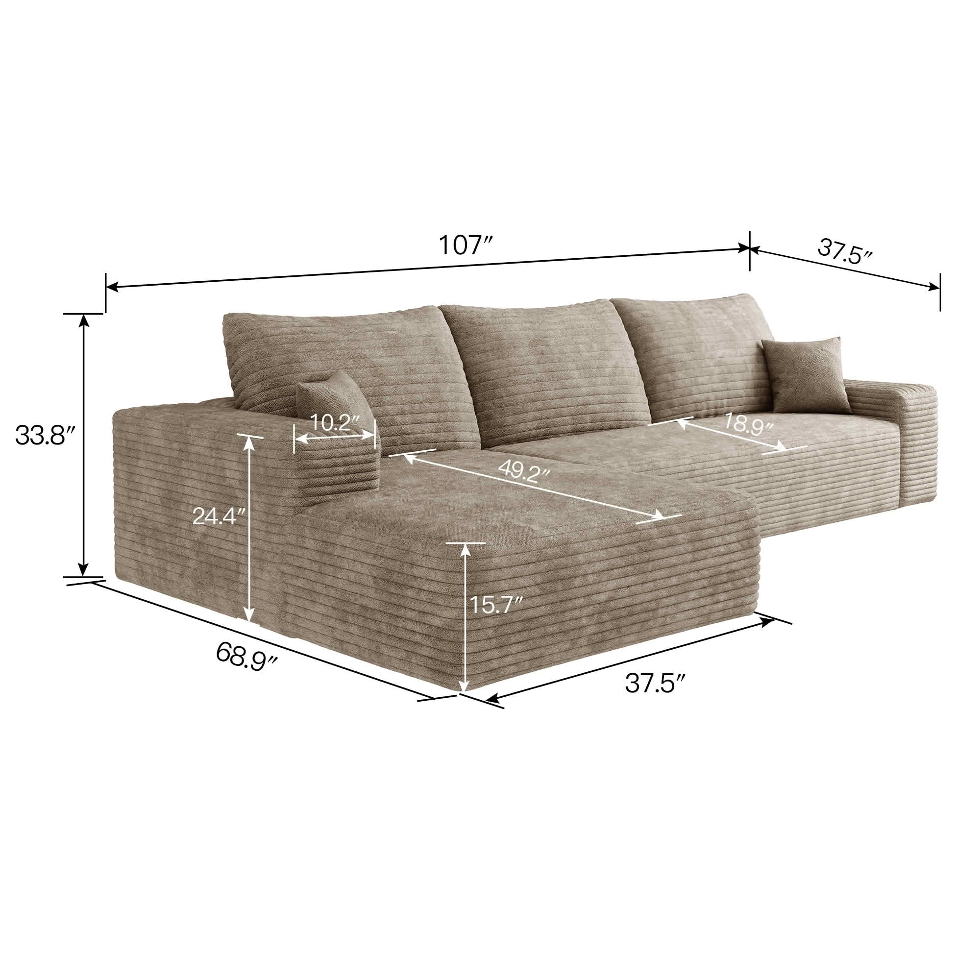 MAYEERTY 107" Cloud L-Shaped Sectional Couch, Plush Corduroy Deep Seat Modular Sofa, No Assembly Chaise Sofa for Living Room Bedroom