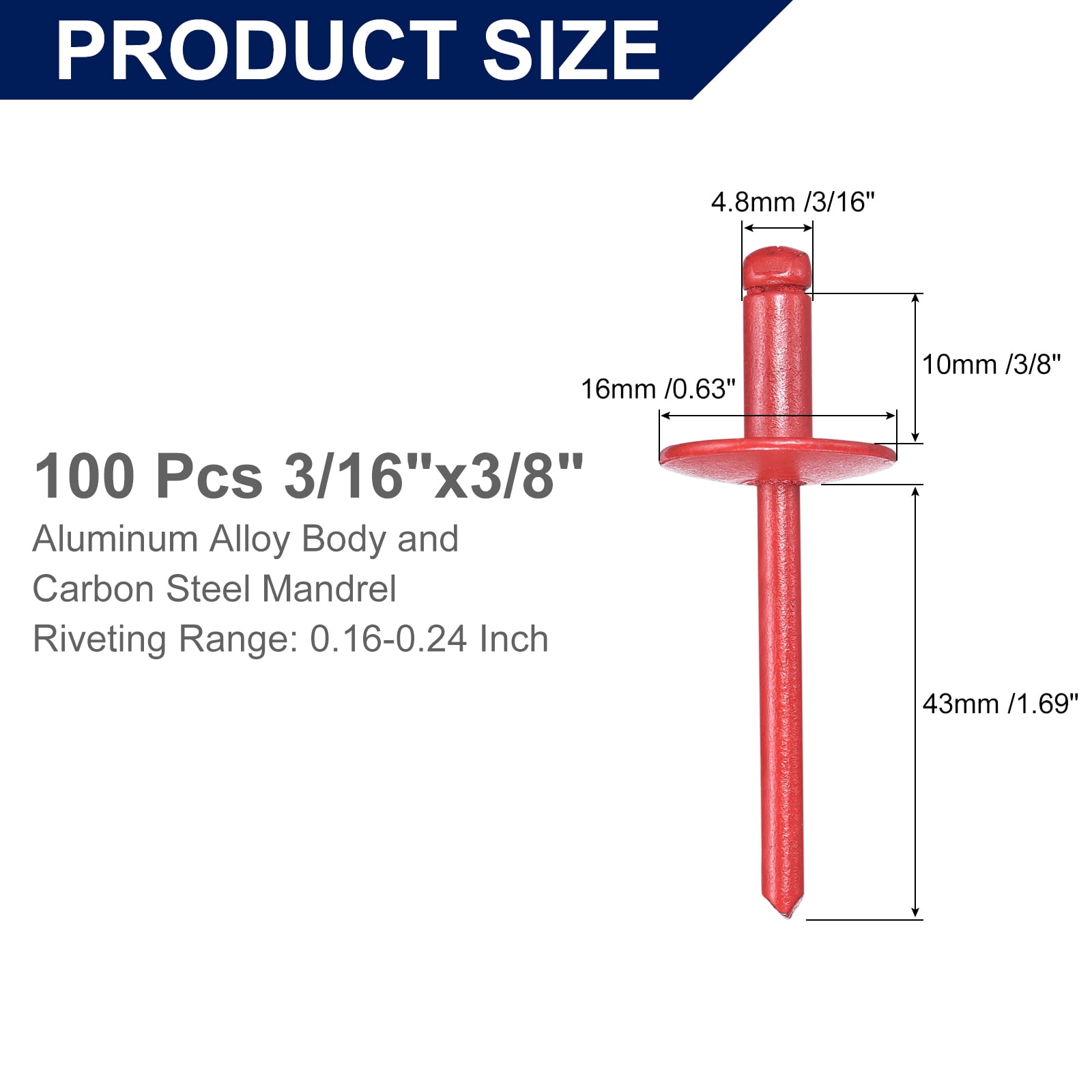 Uxcell 100Pcs 3/16"x3/8" Aluminum Blind Rivets, Large Flange Rivets Fasteners, Red