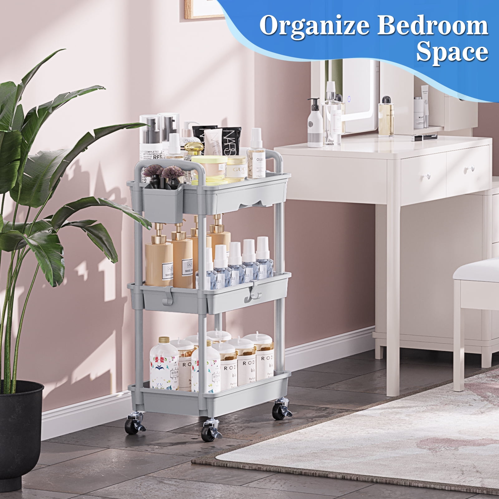 3 Tier Rolling Utility Cart with Removable Drawer, Bathroom Storage Organizer with 2 Lockable Wheels, Mobile Shelving Unit for Kitchen, Office, Snack, Craft, Makeup, Baby Essentials, Gray