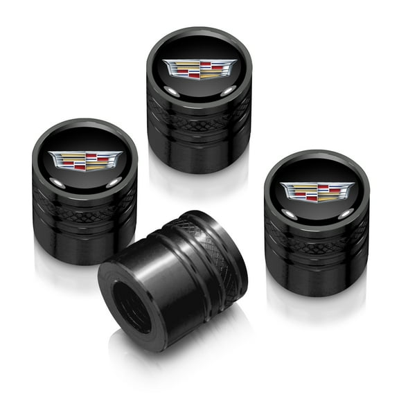 Cadillac Crest Logo in Black on Black Aluminum Cylinder-Style Tire Valve Stem Caps