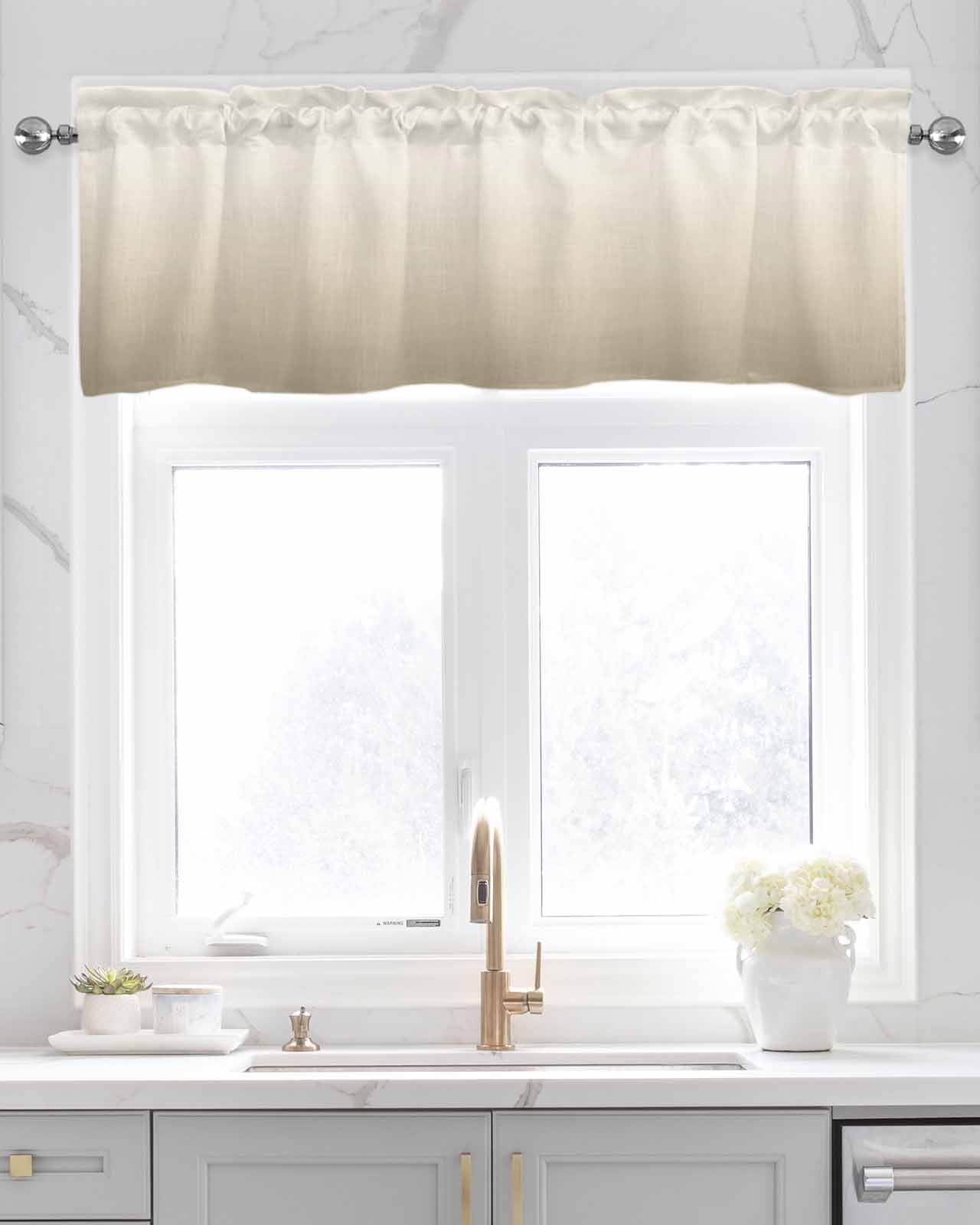 Beige Brown Ombre Kitchen Valances for Windows Farmhouse Linen Window Valance Curtain for Living Room Window Treatment Modern Abstract Art Gradient Aesthetics Valance Rod Pocket Topper, 42 x 12 Inch