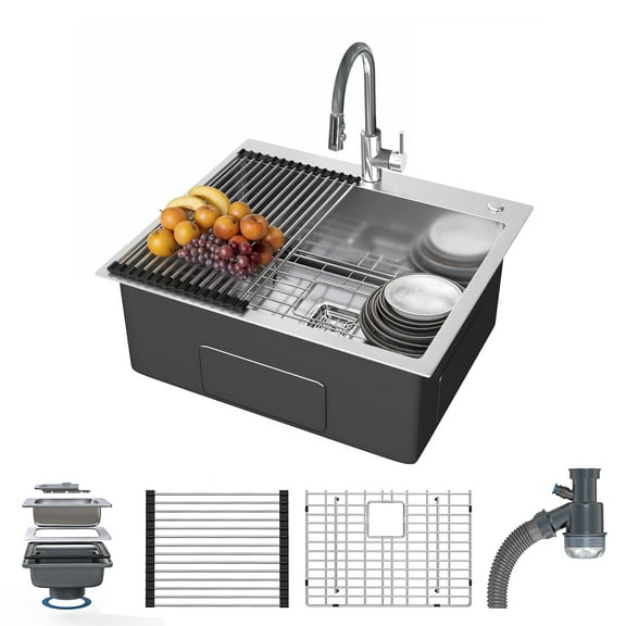 ModFusion 25”x22” Stainless Steel Kitchen Sink with Drying Rack, Accessories, Top-Mount Drop-In Installation, Single Bowl Sink Grid Deep RV Bar Basin, Black