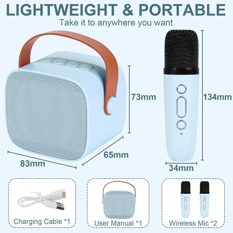 TOPCHANCES Mini Karaoke Machine for Kids, Portable Bluetooth Karaoke Speaker with 2 Wilreless Microphones and Dynamic Lights, Ideal Gifts for Girls Boys Home Party ( Blue )