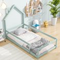 thumbnail image 3 of Twin Size Wood bed with House-shaped Headboard Floor bed with Fences, Light Green, 3 of 7