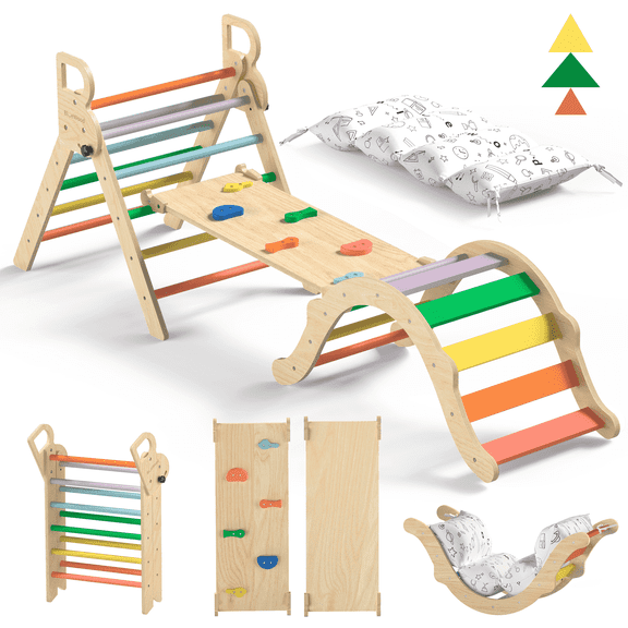 BlueWood Pikler Triangle Set Foldable Wooden Indoor 8-in-1 for Ages 6 Months to 6 Years Multicolor 150 lb Max Load 4-Piece