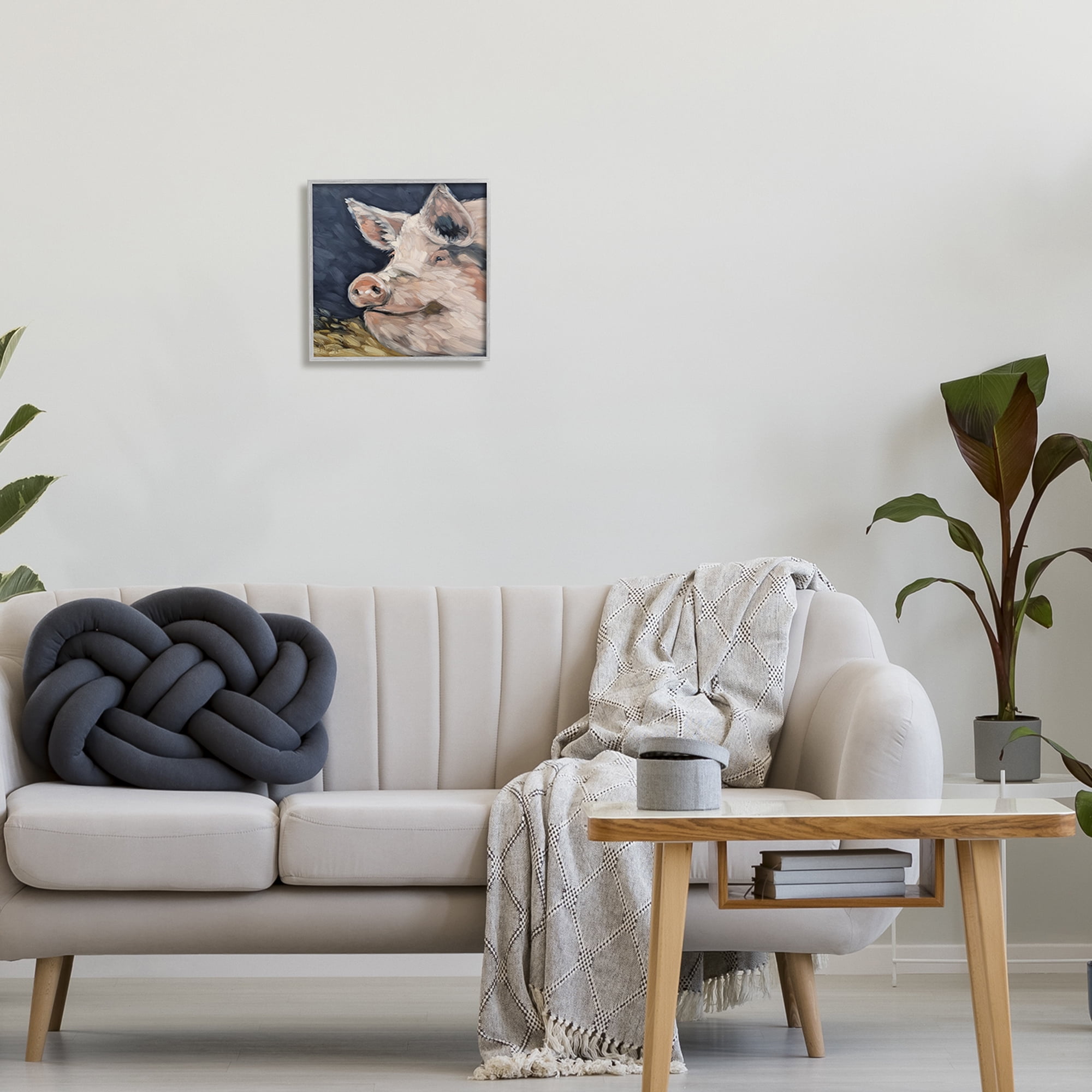 Stupell Smiling Pig Farmhouse Animal Animals & Insects Painting Gray Framed Art Print Wall Art