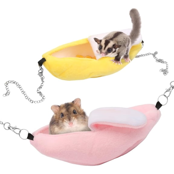 2 Pack Sugar Glider Bed House Hamster Banana Warm Hammock Small Animal Cage Nest (Pink and Yellow)