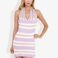 thumbnail image 3 of Women's Striped Halter Neck Knit Dress With V-Neckline- Medium, Purple, 3 of 6