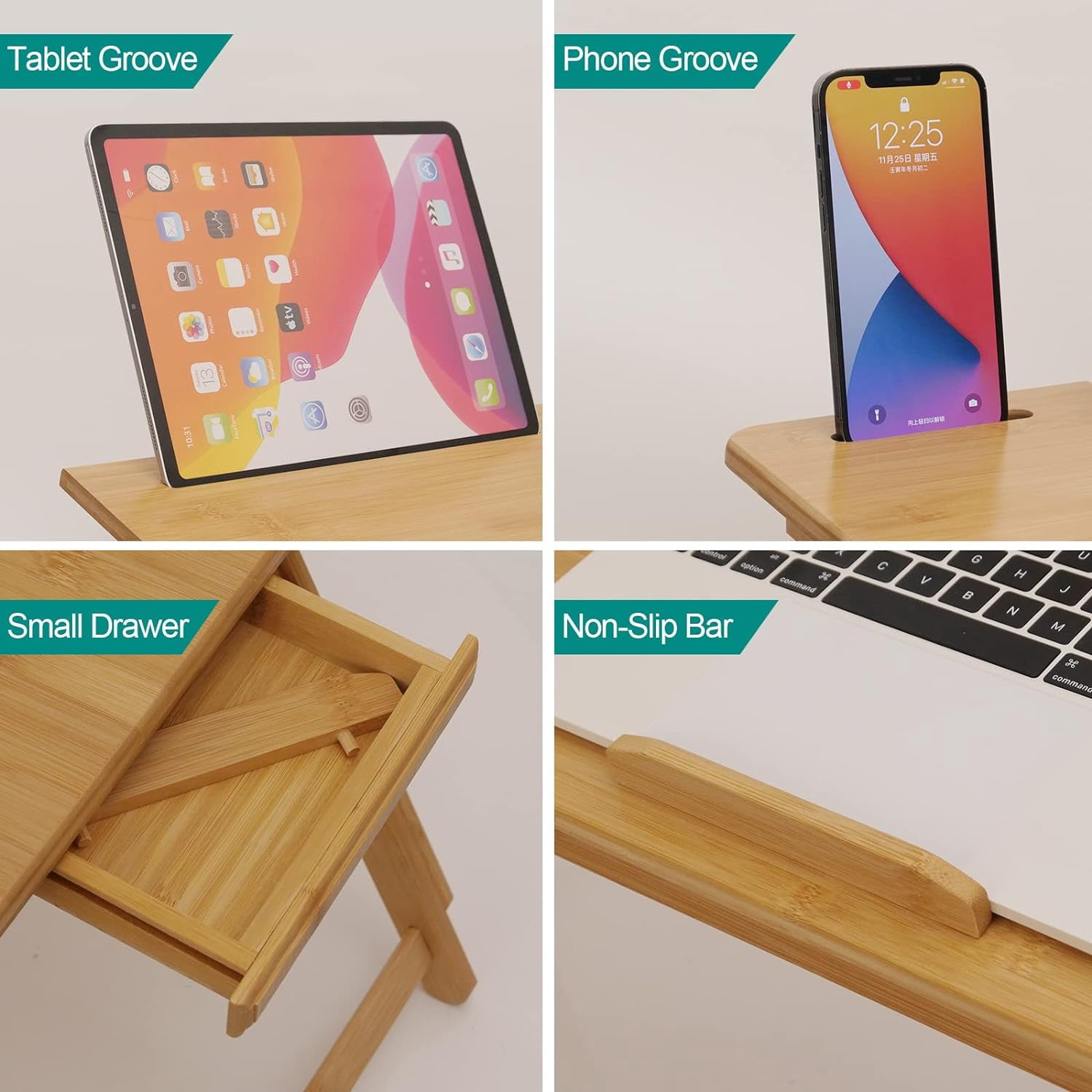 Large Bamboo Lap Desk with Adjustable Height & Angle, Foldable Bed Table with Drawer & Tablet Slot for Laptop Writing Eating Sofa Floor