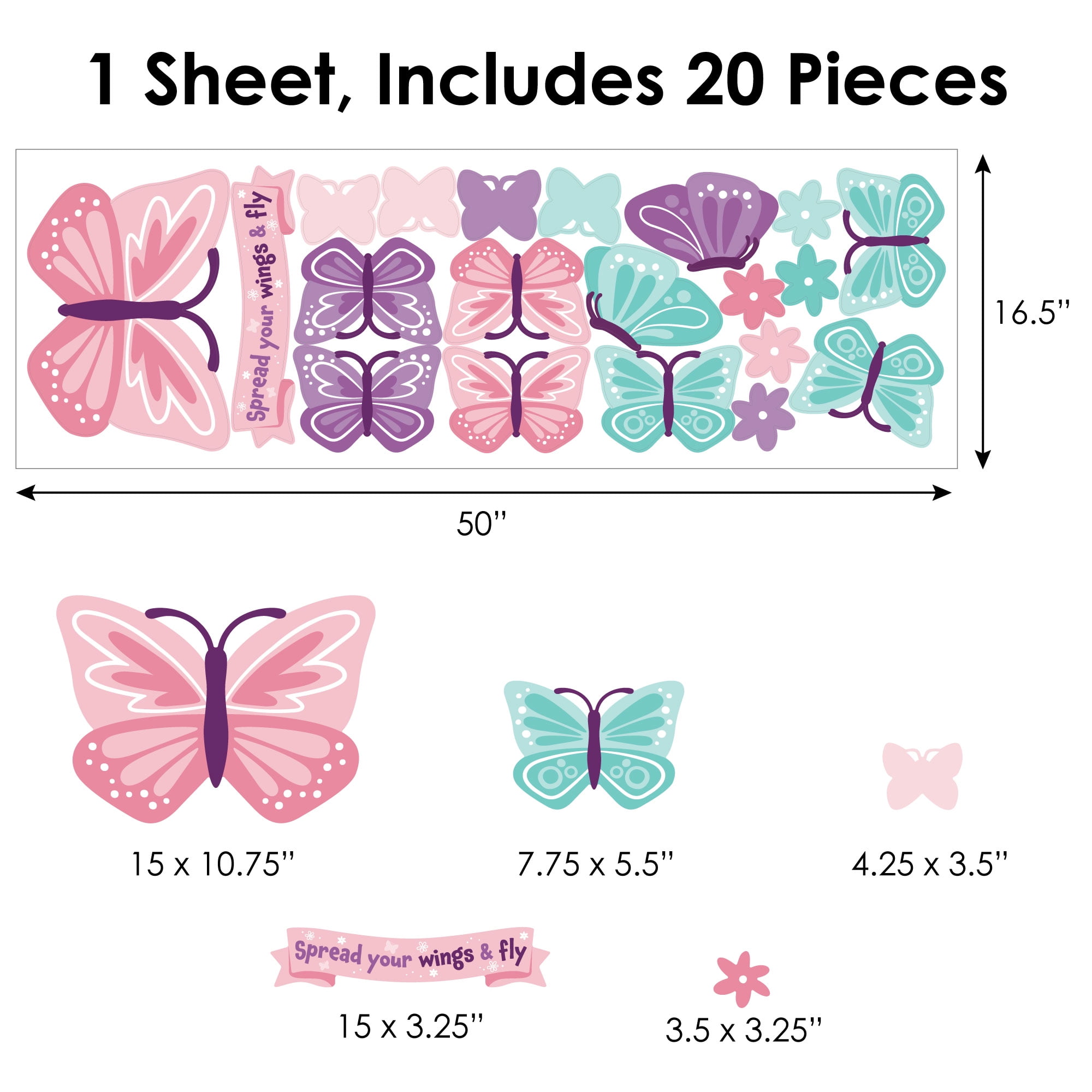 Big Dot of Happiness Beautiful Butterfly - Peel and Stick Nursery And Kids Room Vinyl Wall Art Stickers - Wall Decals - Set of 20